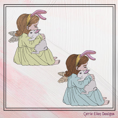 Bunny Girl Machine Embroidery Design, Light Density Sketch Girl Hugging a Rabbit Embroidery Design, 6 Sizes (2313)