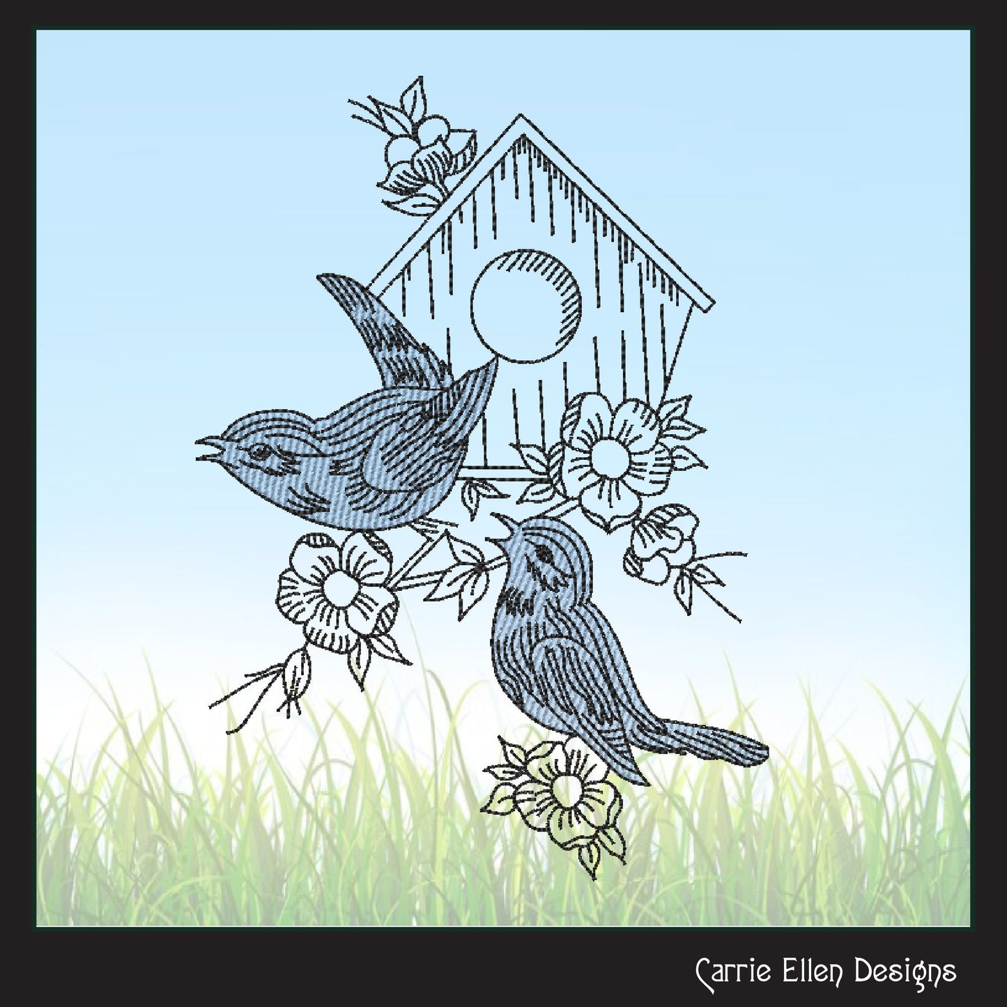 Birds and Birdhouse Machine Embroidery Sketch Design, Artistic Drawing Embroidery Design, Bluebirds and Flowers, 6 Sizes (2269)