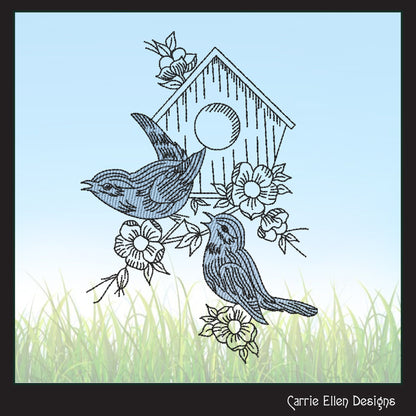 Birds and Birdhouse Machine Embroidery Sketch Design, Artistic Drawing Embroidery Design, Bluebirds and Flowers, 6 Sizes (2269)