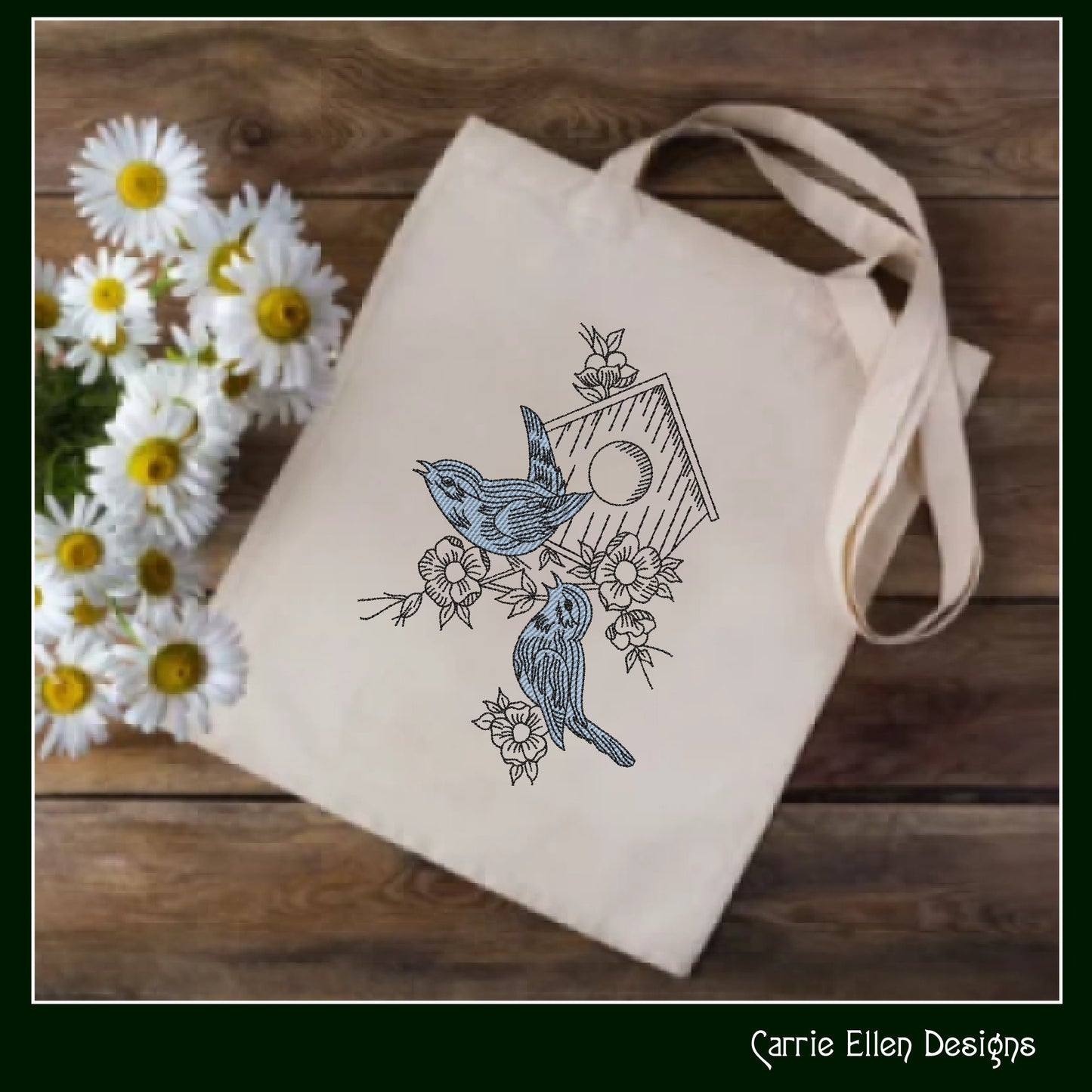 Birds and Birdhouse Machine Embroidery Sketch Design, Artistic Drawing Embroidery Design, Bluebirds and Flowers, 6 Sizes (2269)