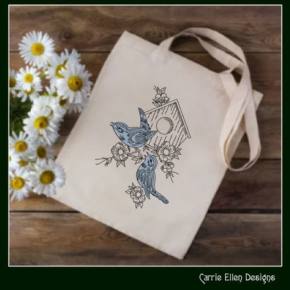 Birds and Birdhouse Machine Embroidery Sketch Design, Artistic Drawing Embroidery Design, Bluebirds and Flowers, 6 Sizes (2269)
