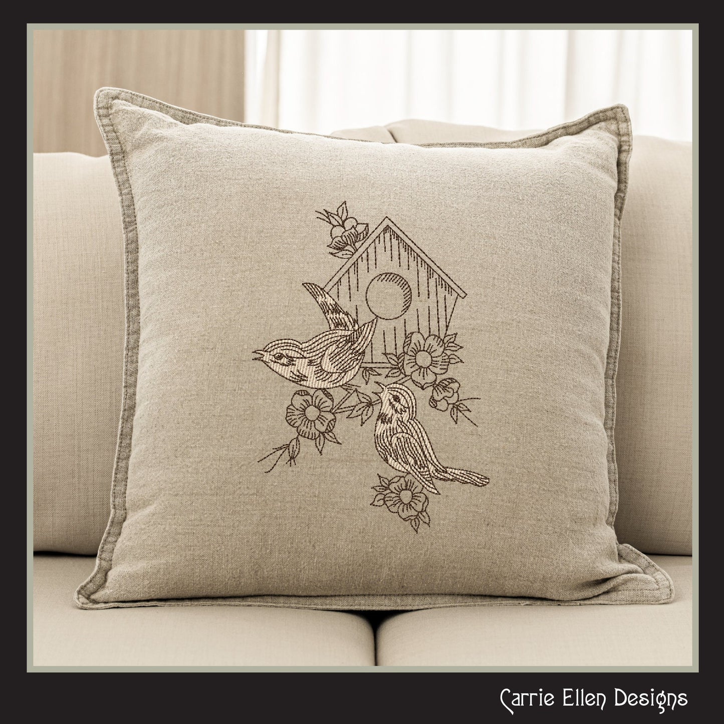 Birds and Birdhouse Machine Embroidery Sketch Design, Artistic Drawing Embroidery Design, Bluebirds and Flowers, 6 Sizes (2269)