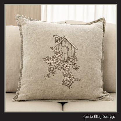 Birds and Birdhouse Machine Embroidery Sketch Design, Artistic Drawing Embroidery Design, Bluebirds and Flowers, 6 Sizes (2269)