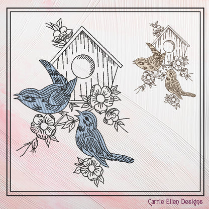 Birds and Birdhouse Machine Embroidery Sketch Design, Artistic Drawing Embroidery Design, Bluebirds and Flowers, 6 Sizes (2269)