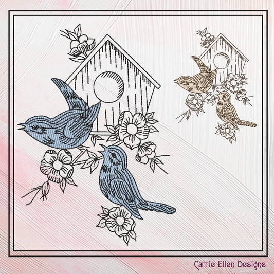 Birds and Birdhouse Machine Embroidery Sketch Design, Artistic Drawing Embroidery Design, Bluebirds and Flowers, 6 Sizes (2269)