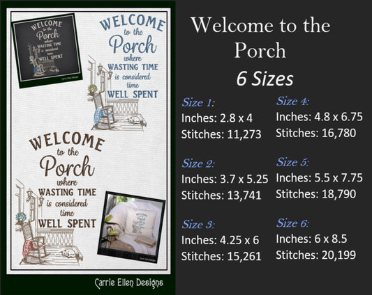 Welcome to the Porch Machine Embroidery Design, Fun Sayings and Quote Embroidery Designs, Rocking Chair on Porch, 6 Sizes (2338)