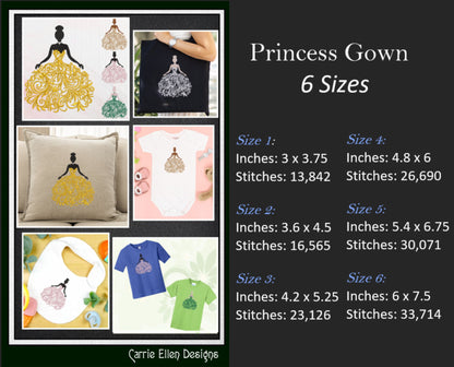 Princess Gown Machine Embroidery Design, Princess Ball Gown Embroidery, Fancy Wedding Dress Design, Formal Party Dress, 6 Sizes (2343)