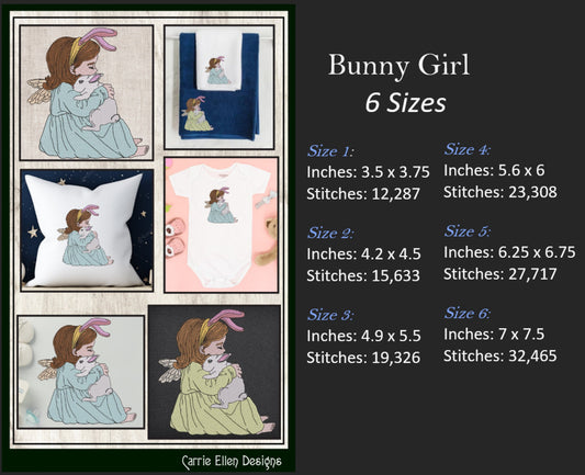 Bunny Girl Machine Embroidery Design, Light Density Sketch Girl Hugging a Rabbit Embroidery Design, 6 Sizes (2313)