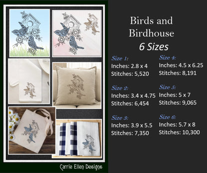 Birds and Birdhouse Machine Embroidery Sketch Design, Artistic Drawing Embroidery Design, Bluebirds and Flowers, 6 Sizes (2269)