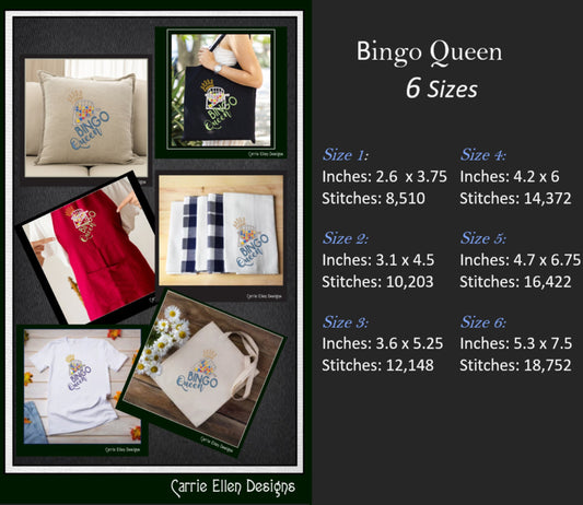 Bingo Queen Embroidery Design, Machine Embroidery Design, Bingo Game, Bingo Cage with Crown, 6 Sizes (2393)