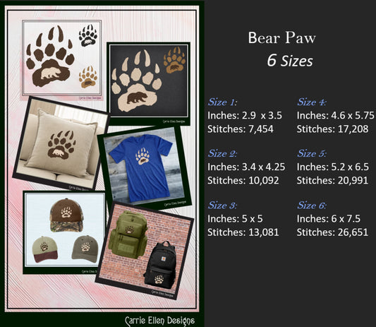 Bear Paw Machine Embroidery Design, Bear Silhouette in Paw Print Design, Hunting Lover Gift, 6 sizes (2411)