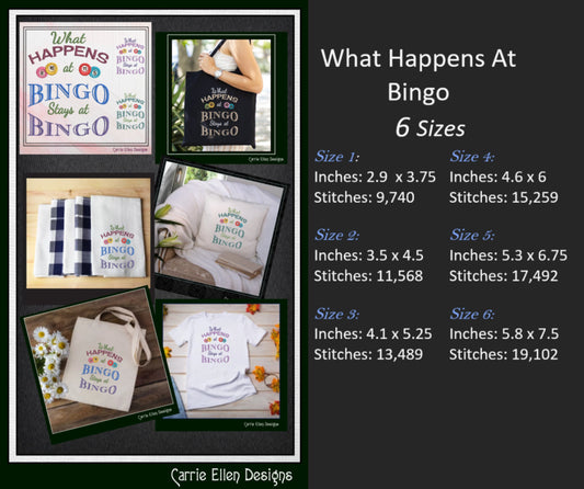 What Happens At Bingo Embroidery Design, Machine Embroidery Design, Sarcastic Bingo Game Saying, 6 Sizes (2392)