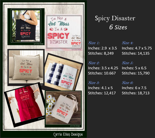 Spicy Disaster Embroidery Design Saying, Hot Mess Machine Embroidery Design, Chili Peppers, 6 Sizes (2412)