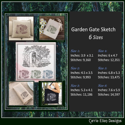 Garden Gate Machine Embroidery Design, Sketch Machine Embroidery Design, Artistic Patio Stone Bench Design, 6 Sizes (2550)