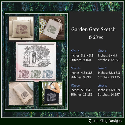 Garden Gate Machine Embroidery Design, Sketch Machine Embroidery Design, Artistic Patio Stone Bench Design, 6 Sizes (2550)