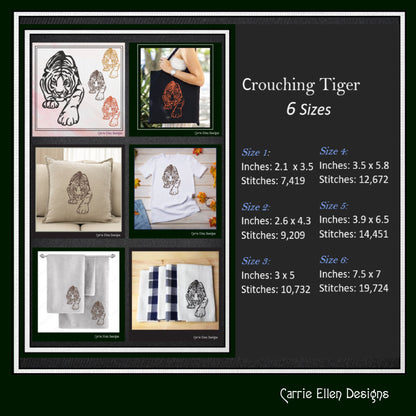 Tiger Machine Embroidery Design, Animal Embroidery, Crouching Artistic Jungle Cat Embroidery Design, Wild Cat Embroidery Design, 6 Sizes (2542)