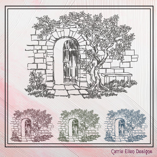 Garden Gate Machine Embroidery Design, Sketch Machine Embroidery Design, Artistic Patio Stone Bench Design, 6 Sizes (2550)