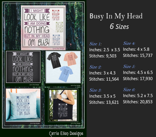 Sassy Snarky Machine Embroidery Saying, I Am Busy In My Head Funny Embroidery Saying, Look Like Doing Nothing, 6 Sizes (2555)