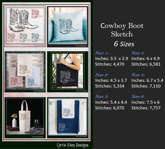 Cowboy Boot Machine Embroidery Sketch Design, Wild West Boot Design, Southern Charm Embroidery, 6 Sizes (2739)