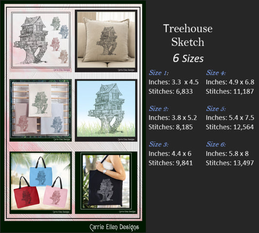 Treehouse Sketch Machine Embroidery Design, Line Art Drawing, Home Garden Artistic Design, Home Decor Pattern, 6 Sizes (2743)