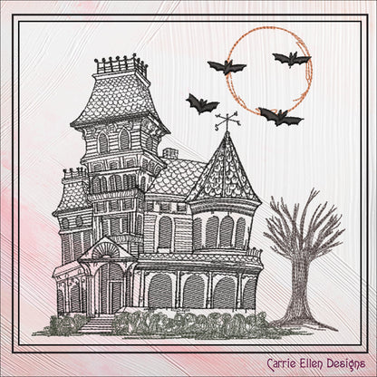 Haunted House Embroidery Sketch Design, Creepy House Machine Embroidery Design, Halloween Line Art Embroidery, 6 Sizes (2762)