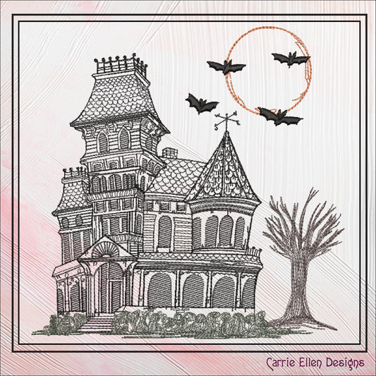 Haunted House Embroidery Sketch Design, Creepy House Machine Embroidery Design, Halloween Line Art Embroidery, 6 Sizes (2762)