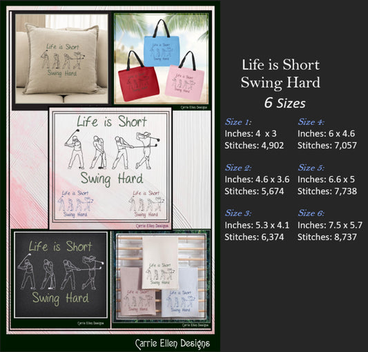 Golf Machine Embroidery Design, Life is Short Swing Hard Embroidery Pattern, Sport Line Art, Golf Lover Gift, 6 Sizes (2717)