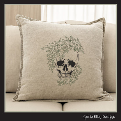 Floral Skull Embroidery Sketch Design, Leaves Wreath Skeleton Machine Embroidery Design, Halloween Line Art Embroidery, 6 Sizes (2713)