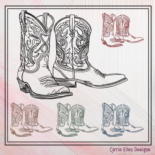 Cowboy Boot Machine Embroidery Sketch Design, Wild West Boot Design, Southern Charm Embroidery, 6 Sizes (2739)