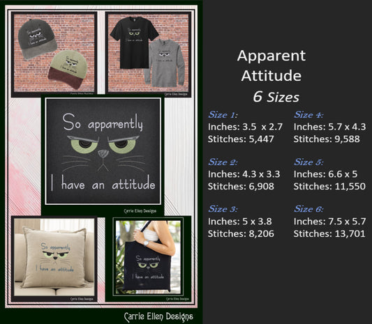 Snarky Cat Saying Machine Embroidery Design, Apparently I have an Attitude Quote, Sassy Cat Lover Design, 6 Sizes (2721)