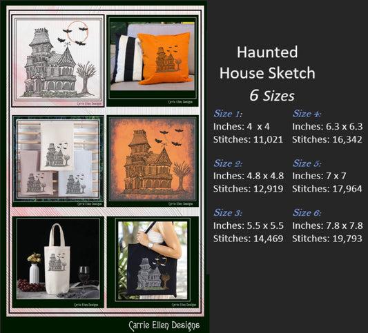 Haunted House Embroidery Sketch Design, Creepy House Machine Embroidery Design, Halloween Line Art Embroidery, 6 Sizes (2762)