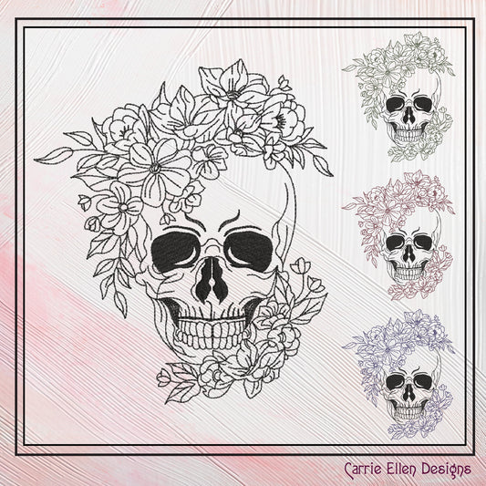 Floral Skull Embroidery Sketch Design, Leaves Wreath Skeleton Machine Embroidery Design, Halloween Line Art Embroidery, 6 Sizes (2713)