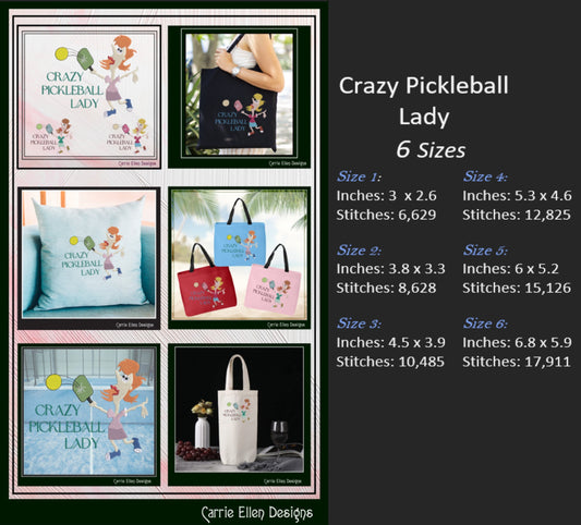 Pickleball Machine Embroidery Design, Crazy Pickleball Lady Embroidery Saying, Fun Sport Design, 6 Sizes (2764)