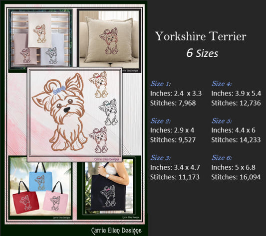 Yorkshire Terrier Machine Embroidery Design, Yorkie with Bow Embroidery Design, Little Dog Pet Embroidery Pattern, 6 Sizes (2899)
