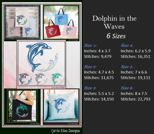 Dolphin Machine Embroidery Design, Bottlenose Porpoise, Jumping Dolphin In The Waves, 6 Sizes (2992)
