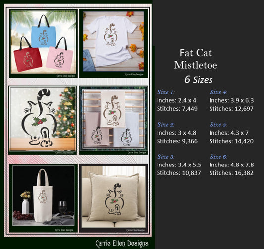 Christmas Fat Cat Embroidery Design, Mistletoe Butt Catatude Design, X-Mas Holiday Pattern, 6 Sizes (2386)