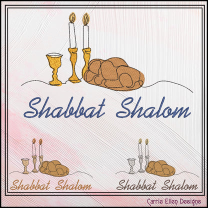Shabbat Shalom Machine Embroidery Design - Challah Bread & Candlesticks - Jewish Holiday Décor File, 6 Sizes (0640)