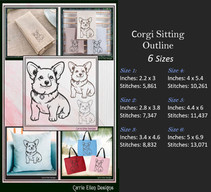 Welsh Corgi Machine Embroidery Design, Dog Lover Embroidery Pattern Outline, Pet Embroidery, Adorable Corgi, 6 Sizes (3036)