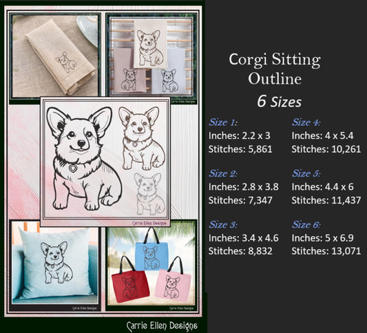 Welsh Corgi Machine Embroidery Design, Dog Lover Embroidery Pattern Outline, Pet Embroidery, Adorable Corgi, 6 Sizes (3036)