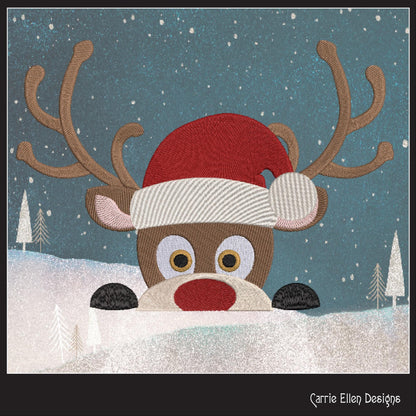 Christmas Machine Embroidery Design, Reindeer in Santa Hat, Peeking Red Nose Rudolf, Holiday Cartoon, 6 Sizes (3073)