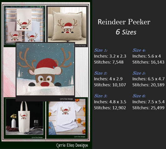Christmas Machine Embroidery Design, Reindeer in Santa Hat, Peeking Red Nose Rudolf, Holiday Cartoon, 6 Sizes (3073)