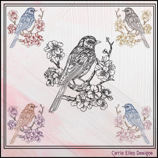 Bird Sketch Machine Embroidery Design, Bluebird in Blossom Tree, Artistic Line Art Sketch Design, 6 Sizes (3047)