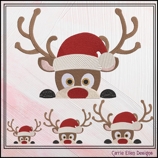 Christmas Machine Embroidery Design, Reindeer in Santa Hat, Peeking Red Nose Rudolf, Holiday Cartoon, 6 Sizes (3073)