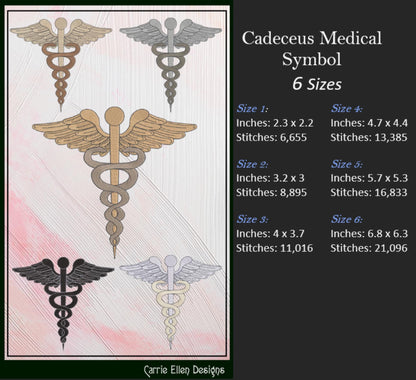 Caduceus Medical Symbol Machine Embroidery Design, Doctor Winged Staff Serpents, 6 Sizes (3152)