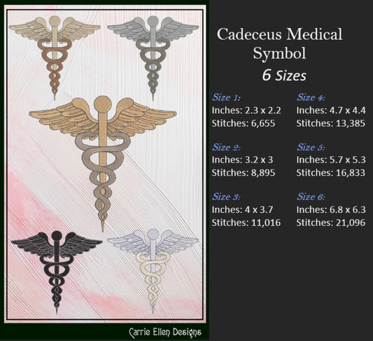 Caduceus Medical Symbol Machine Embroidery Design, Doctor Winged Staff Serpents, 6 Sizes (3152)