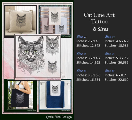 Cat Machine Embroidery Design, Artistic Feline Line Art, Tattoo Art, Detailed Pet Sketch Design, 6 Sizes (3150)