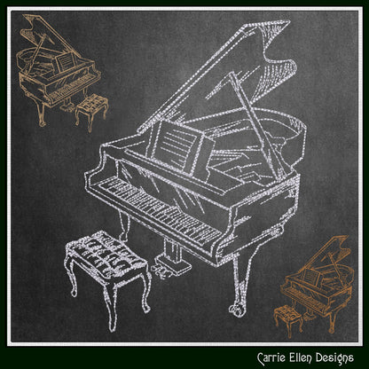 Piano Machine Embroidery Design Sketch, Musical Instrument, Baby Grand Line Art, Ivory Keyboard, 6 Sizes (3161)