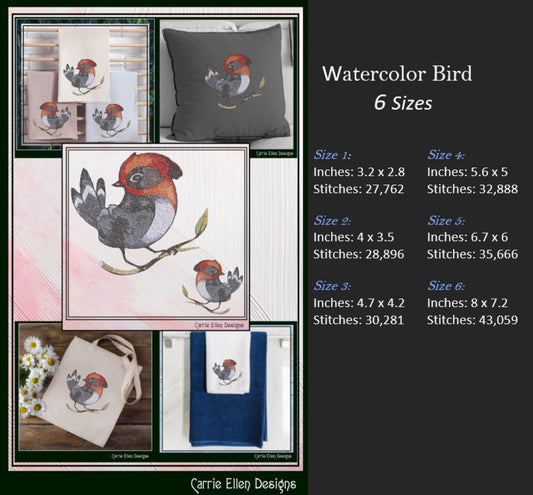 Bird Machine Embroidery Design, Artistic Watercolor Photo Stitch Bird, Nature Lover Gift, 6 Sizes (3163)