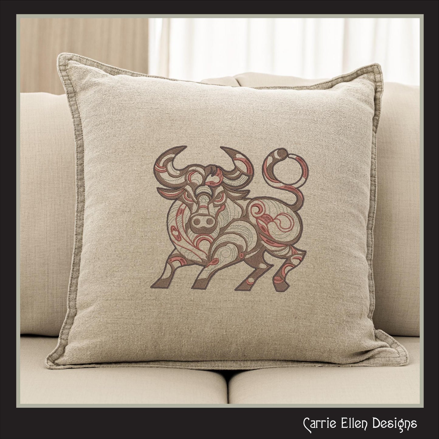 Bull Machine Embroidery Design, Artistic Horned Animal Pattern, Decorative Bull Cow, 6 Sizes (2619)