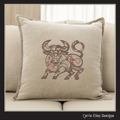 Bull Machine Embroidery Design, Artistic Horned Animal Pattern, Decorative Bull Cow, 6 Sizes (2619)